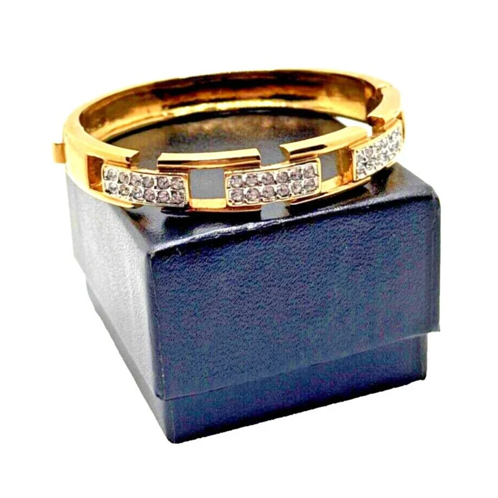Rhinestone Link Bangle Bracelet Gold Tone Statement Hinged Runway Jewelry 7